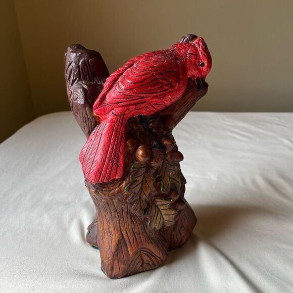 Vintage 70s Chalkware Statue Red Cardinal Perched in Tree Branch Hand Painted - Picture 11 of 12